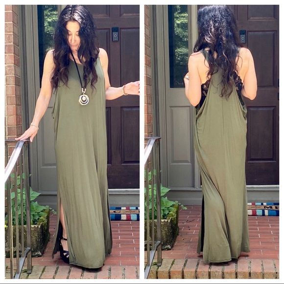 OLIVE GREEN SIDE SLITS TANK MAXI DRESS - Picture 11 of 15